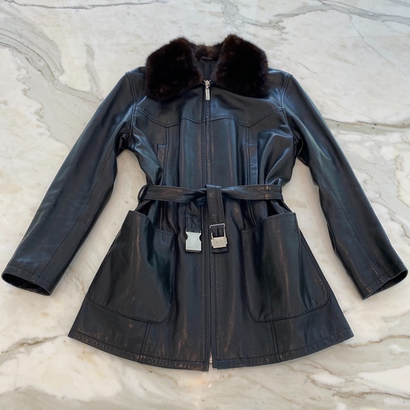Enrico Mandelli Jackets & Blazers - ENRICO MANDELLI BLACK LEATHER MINK BELTED JACKET SIZE SMALL